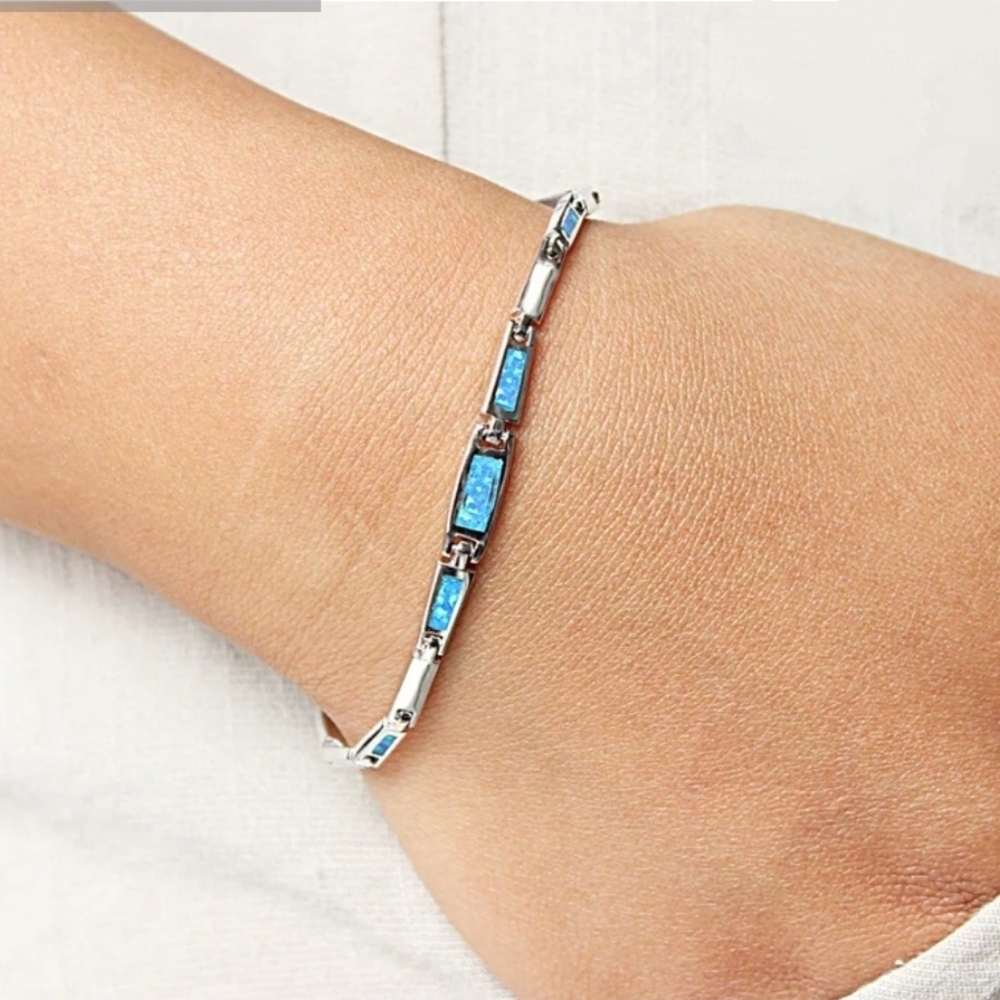 Vtg Sterling Silver Blue Fire Opal Inlaid  Bracelet 7” Blue Green Stone
